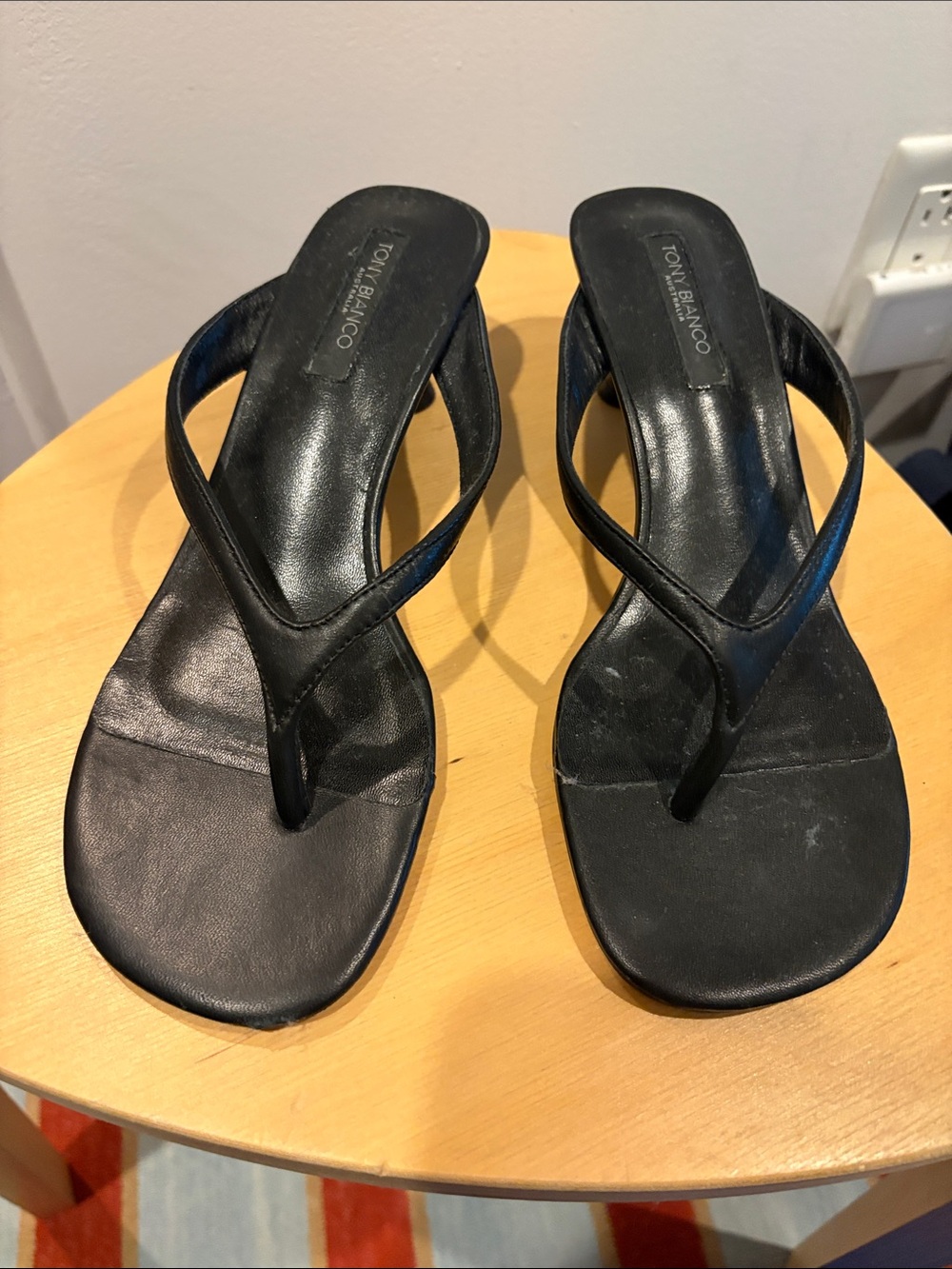Tony Bianco Krista Black Leather Thong Heel Sandals